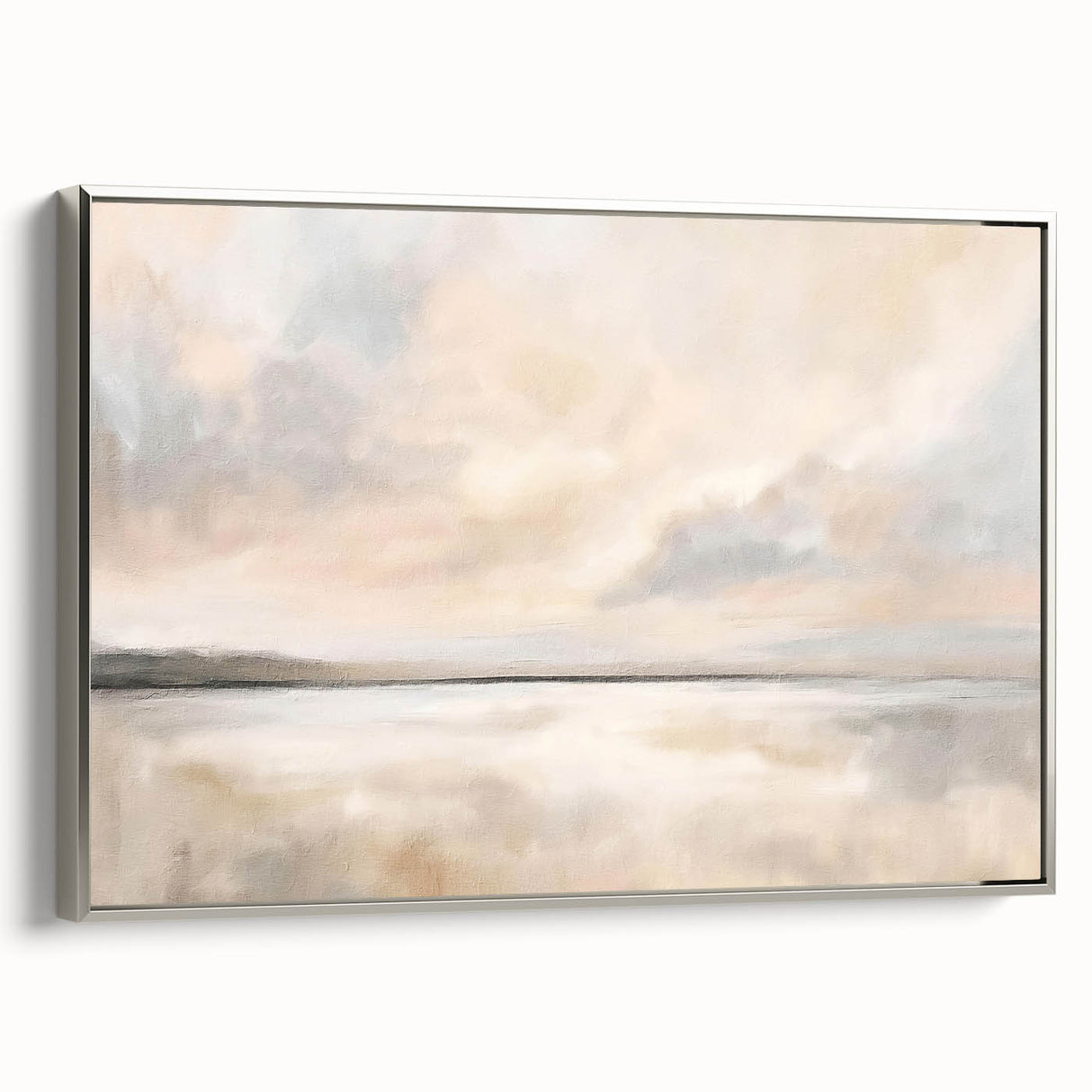 Abstract landscape wall art framed in silver, showcasing vibrant colors and modern design, ideal for contemporary home decor. Side view highlights the sleek frame and artistic details.