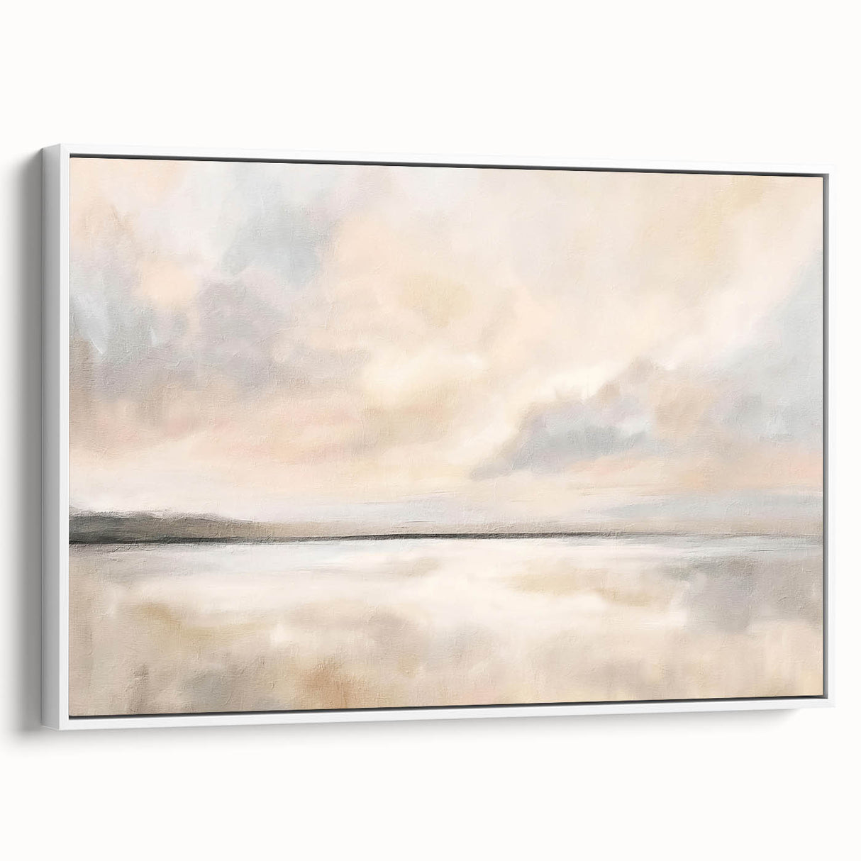Framed abstract landscape wall art showcasing soft pastel colors and flowing forms, displayed in a sleek white frame with a side view perspective. Ideal for modern home decor.