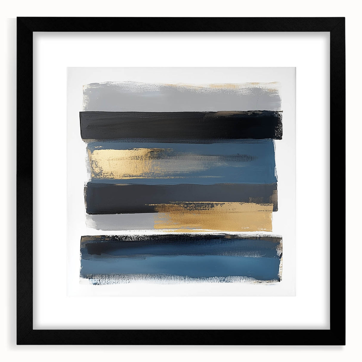 Modern Abstract Wall Art – Navy, Gold & Gray Horizontal Brushstrokes