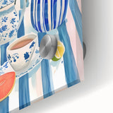 Large abstract wall art in vibrant orange and yellow tones on acrylic glass, ideal for dining room ambiance.