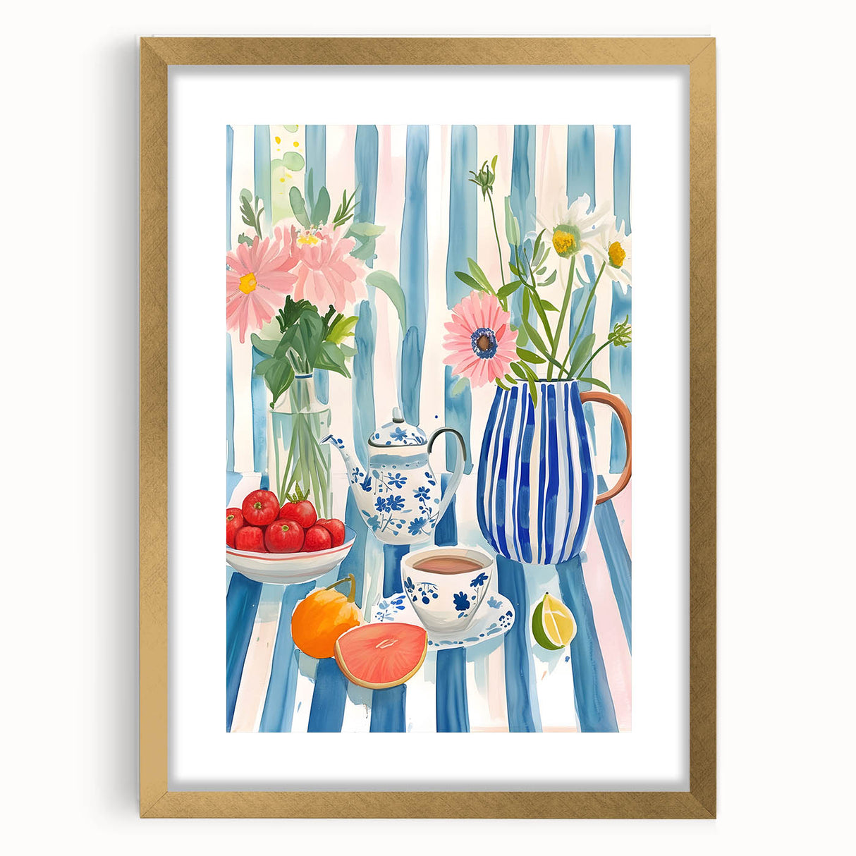 Abstract art print featuring swirling patterns in vibrant orange and blue, framed in gold, ideal for dining room decor.