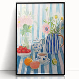 Large abstract wall art featuring mid-century modernist style in vibrant colors on a framed acrylic print.