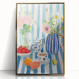 Art deco poster featuring stylized food and drink items in gold and black tones on a framed acrylic.