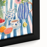 Extra large black wall art featuring colorful, textured food and drink motifs on framed canvas, ideal for living room decor.