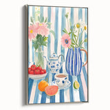 Framed canvas featuring a vintage poster of a colorful landscape painting, ideal for dining room decor.