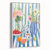 Extra large vintage poster art of colorful food and drinks on a framed canvas, ideal for living room decor.