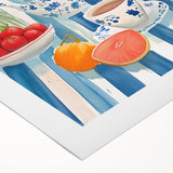 Art deco poster featuring stylized food and drink illustrations on a rolled canvas, ideal for dining room wall art.