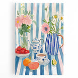 Large black and white stretched canvas featuring assorted culinary items, ideal for kitchen wall art.