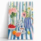 Large black and white stretched canvas featuring assorted kitchen utensils, ideal for kitchen wall art.