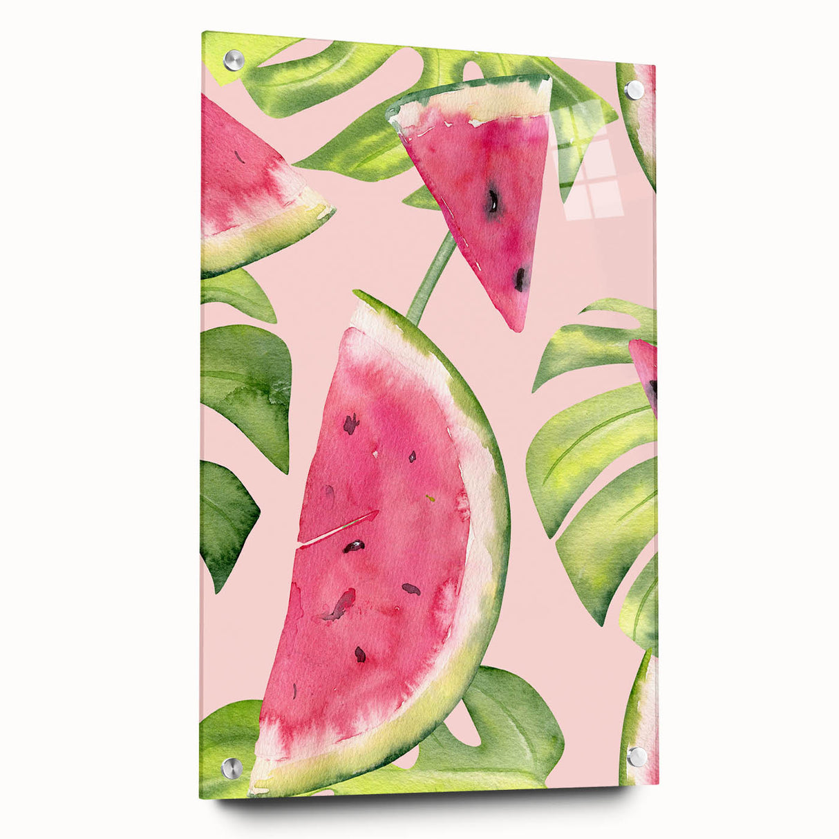 Acrylic glass print of colorful abstract fruit design, suited for dining room or bedroom wall.