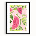Extra large, colorful abstract art print featuring vibrant, textured depiction of fruits, framed in black.