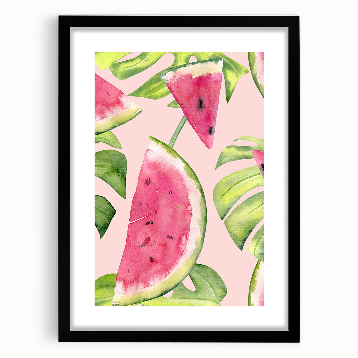 Extra large, colorful abstract art print featuring vibrant, textured depiction of fruits, framed in black.