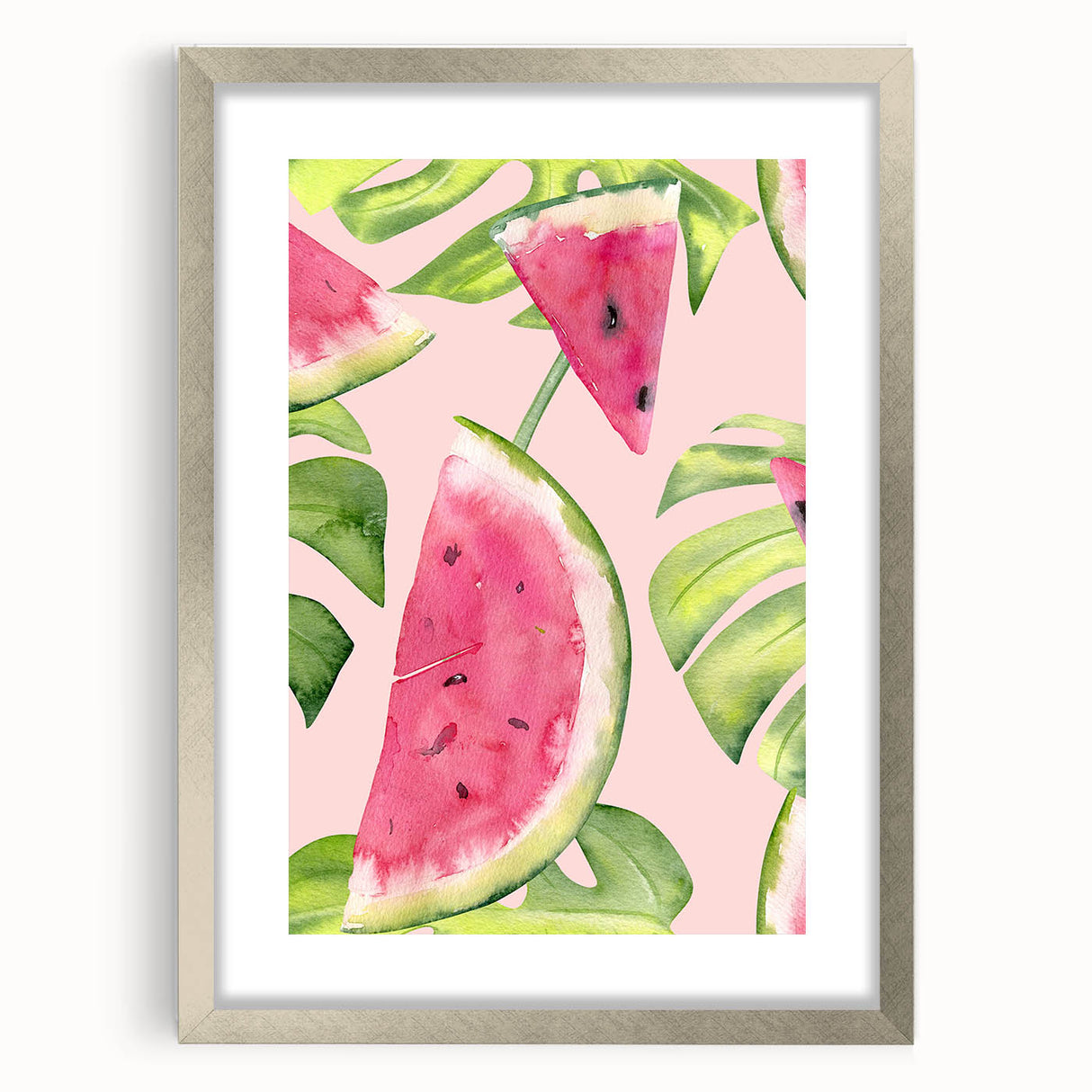 Textured art print of abstract fruits in muted earth tones, framed in silver, suitable for bedroom decor.