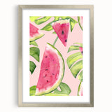 Textured art print of abstract fruits in muted earth tones, framed in silver, suitable for bedroom decor.