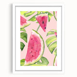Abstract art print featuring assorted fruits in vibrant colors on a white framed mat, ideal for dining room decor.