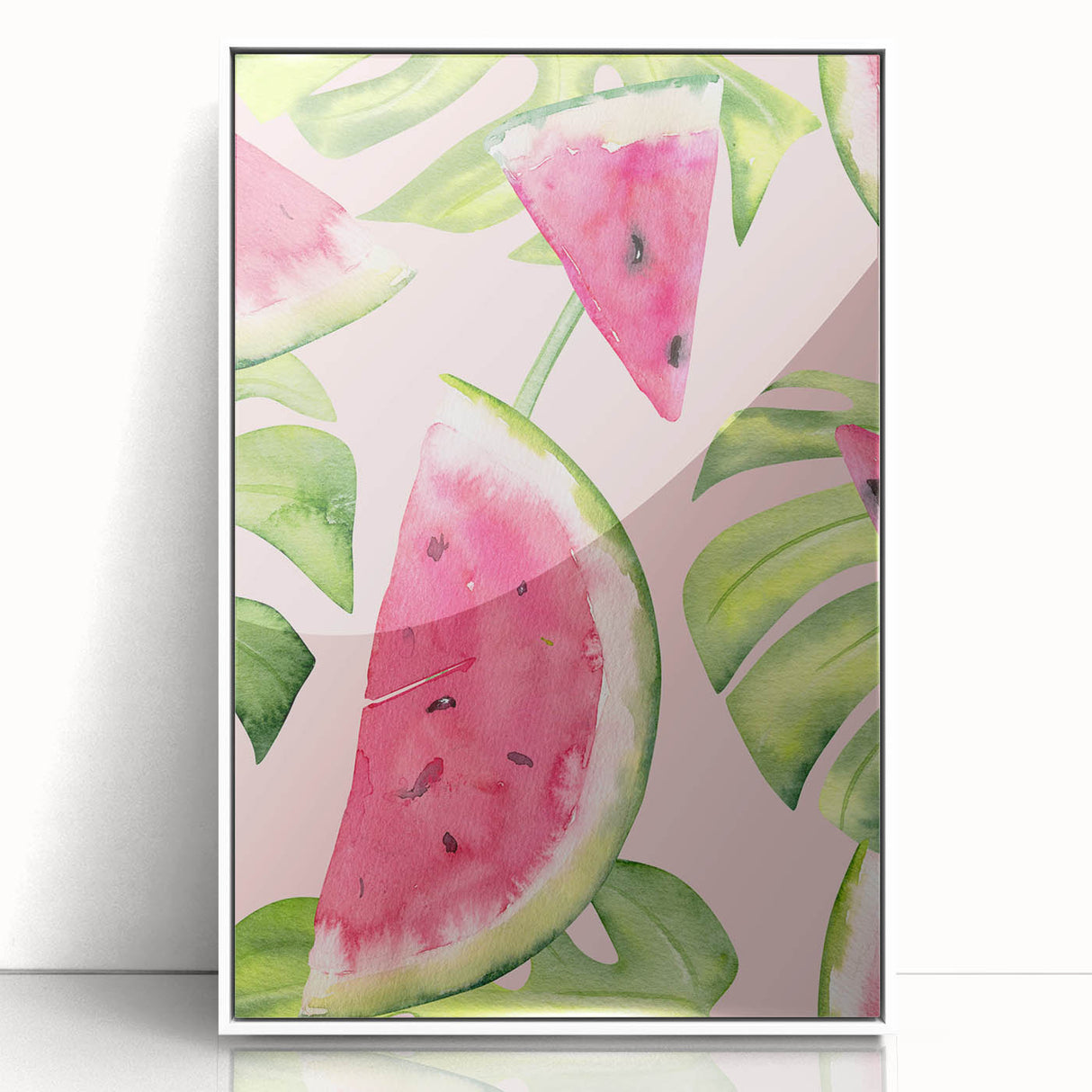 Acrylic print of assorted fruits in art deco style with a white frame, suitable for modern kitchen decor.