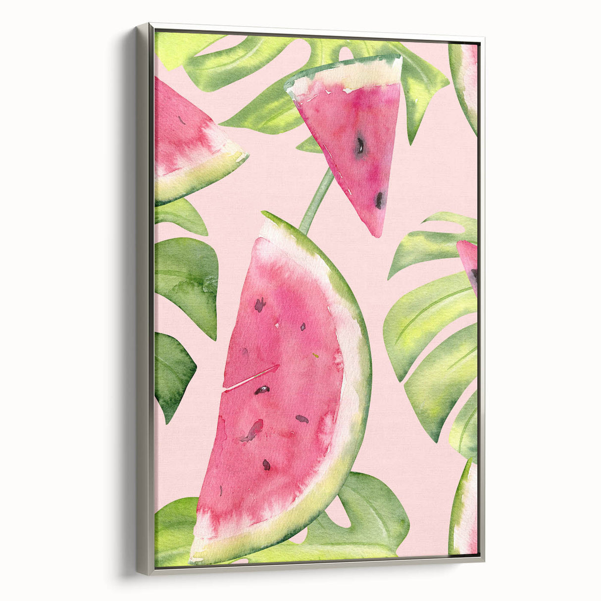 Landscape art painting featuring a colorful array of fruits on a black vintage poster, framed in silver canvas.