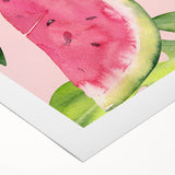 Art deco poster of assorted fruits in vibrant colors on a rolled canvas, suitable for dining room decor.