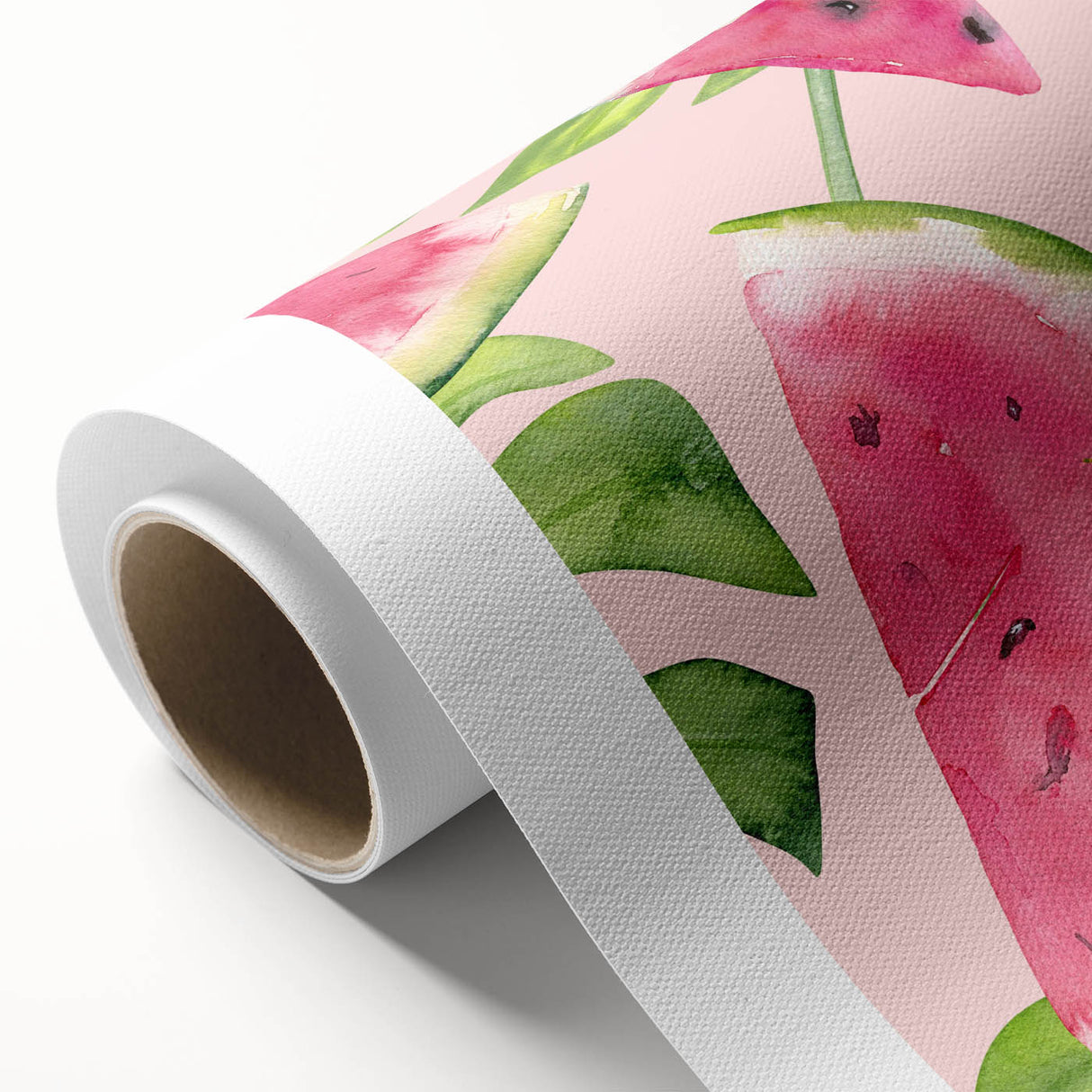 Rolled canvas featuring art deco style poster with assorted fruits in vibrant colors, ideal for nursery wall art.