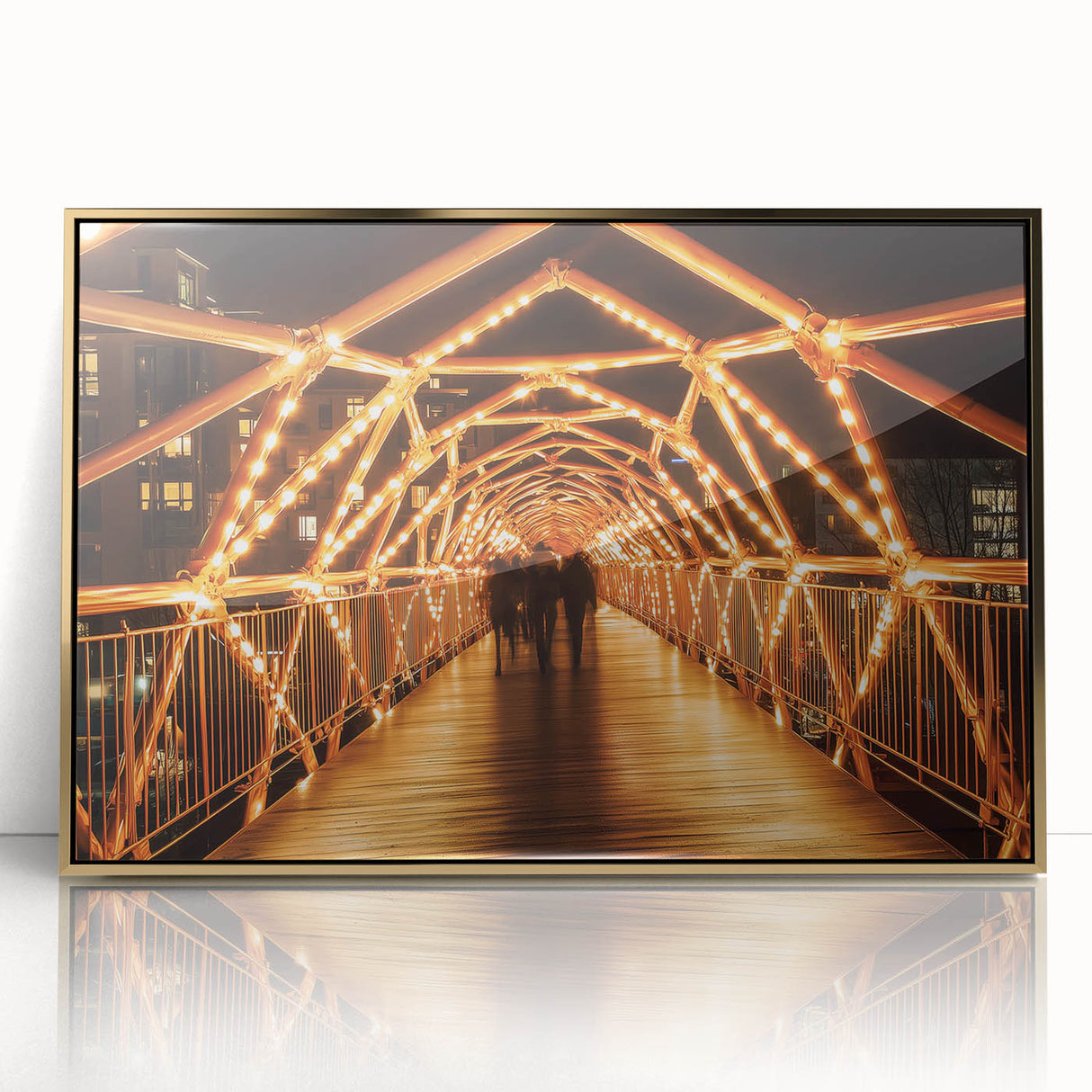 Framed acrylic artwork showcasing a stunning landscape bridge design with golden hues, perfect for enhancing modern home decor. Ideal for art enthusiasts seeking elegant wall accents.