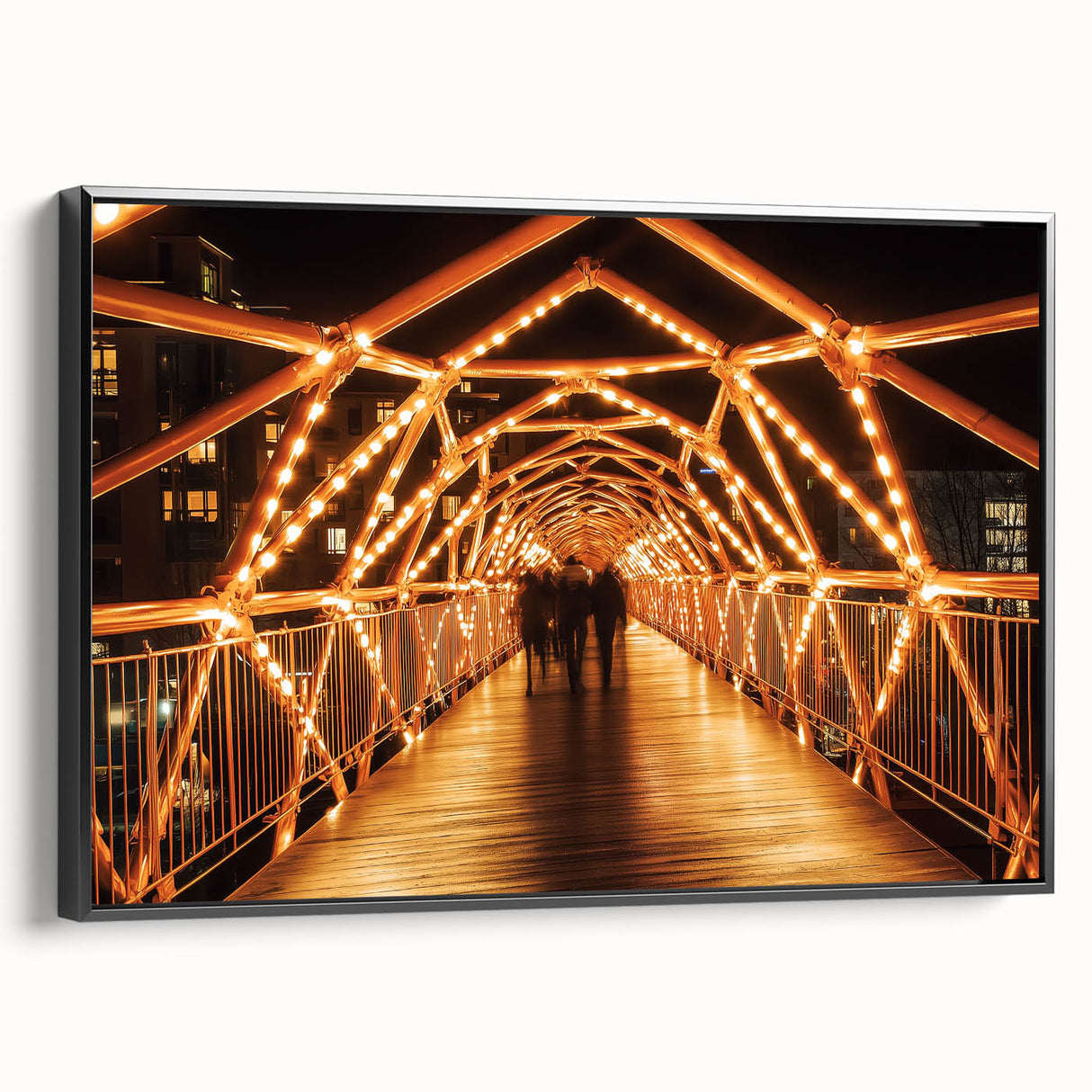 Framed landscape canvas depicting a serene bridge scene, featuring lush greenery and a tranquil waterway, perfect for home decor or art enthusiasts.