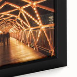 Close-up of a beautifully framed landscape bridge canvas art, showcasing intricate details of the bridge and surrounding nature, ideal for home decor.