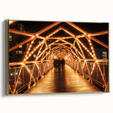 Framed canvas artwork showcasing a majestic landscape bridge design, highlighted in gold tones, capturing intricate details and depth from a side view perspective.