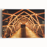 Landscape canvas artwork depicting a serene bridge over a tranquil river, showcasing vibrant colors of green foliage and blue skies, ideal for home decor.