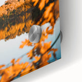 Large abstract wall art in warm autumn hues on acrylic glass, suitable for dining room ambiance.