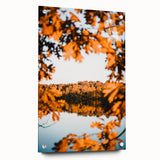 Large abstract wall art depicting fall seasons in orange and brown tones on acrylic glass.