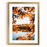 Extra large abstract art print featuring textured autumn hues on a gold-framed canvas, ideal for living room decor.