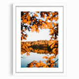 Abstract art print featuring warm autumnal hues on a white framed canvas, suitable for bedroom or dining room decor.