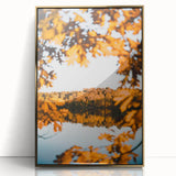 Large art print of a mid-century modernist fall scene in gold tones on framed acrylic, suitable for modern art wall decor.