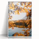 Art deco poster of fall trees in muted orange and brown tones on white acrylic, ideal for modern nursery wall decor.
