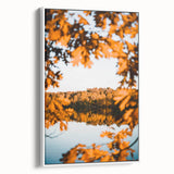 Vintage poster art depicting an autumn scene on a framed canvas, with a palette of orange and brown.
