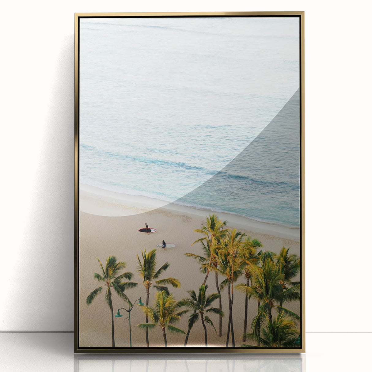 Large art print of a mid-century modernist summer scene in gold frame, ideal for nursery wall decor.