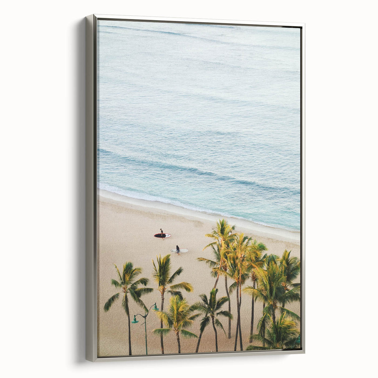 Landscape art painting of a summer scene on framed canvas, featuring vibrant green and blue tones.