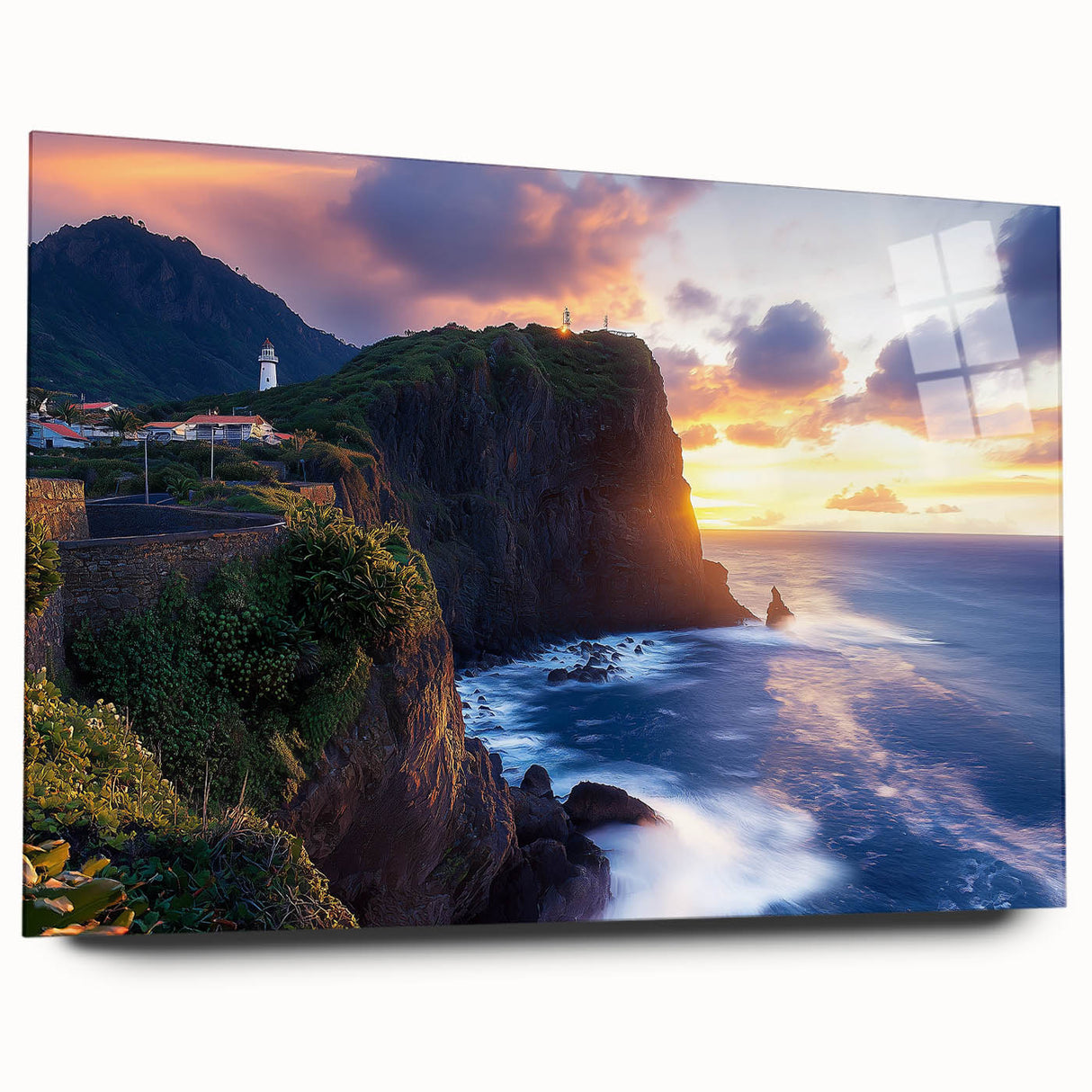 Acrylic artwork depicting vibrant landscapes with dramatic cliffs, showcased in a side view without pins, emphasizing rich colors and intricate details. Perfect for modern home decor.