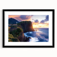 Framed black landscape artwork depicting dramatic cliffs, showcasing vibrant colors and intricate details, ideal for modern home decor. The mat adds elegance and depth.