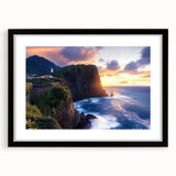 Framed black landscape artwork depicting dramatic cliffs, showcasing vibrant colors and intricate details, ideal for modern home decor. The mat adds elegance and depth.