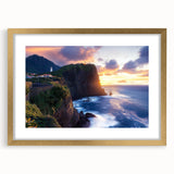 Framed landscape artwork depicting majestic cliffs with a gold matting, perfect for enhancing home decor. This elegant piece adds sophistication to any room.
