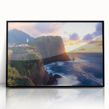 Framed acrylic artwork showcasing a dramatic cliff landscape in vibrant colors, set against a sleek black frame, perfect for modern home decor.