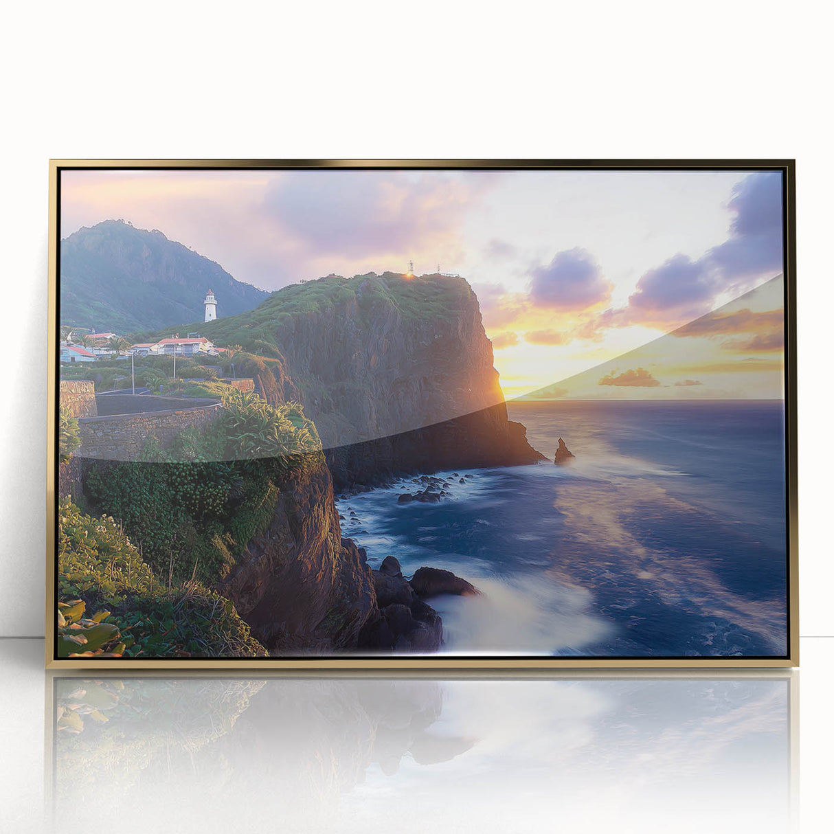 Framed acrylic artwork depicting dramatic cliffs in a vibrant landscape, featuring gold accents that enhance its rich colors and texture, ideal for modern decor.