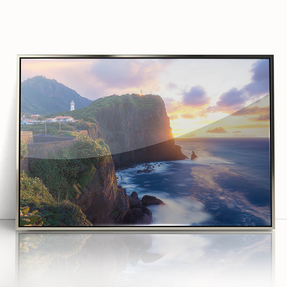 Framed acrylic artwork of a dramatic cliff landscape, showcasing vibrant colors and intricate details, ideal for modern home decor and enhancing interior spaces.