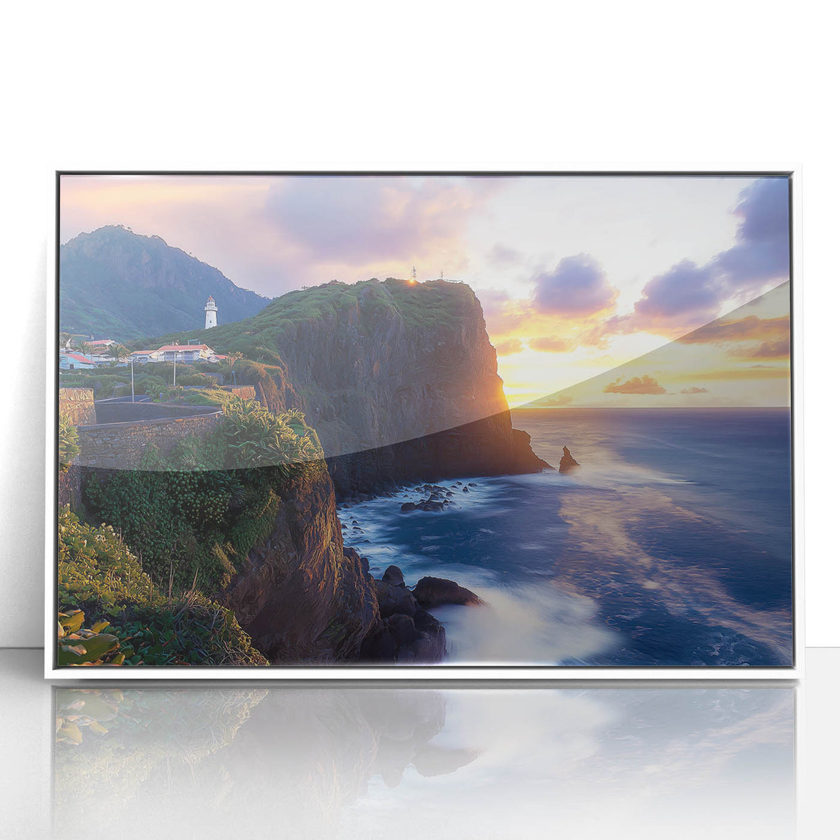 Framed acrylic artwork showcasing a dramatic cliff landscape with vivid colors, set in a sleek white frame, ideal for modern home decor. Perfect for nature lovers and art enthusiasts.