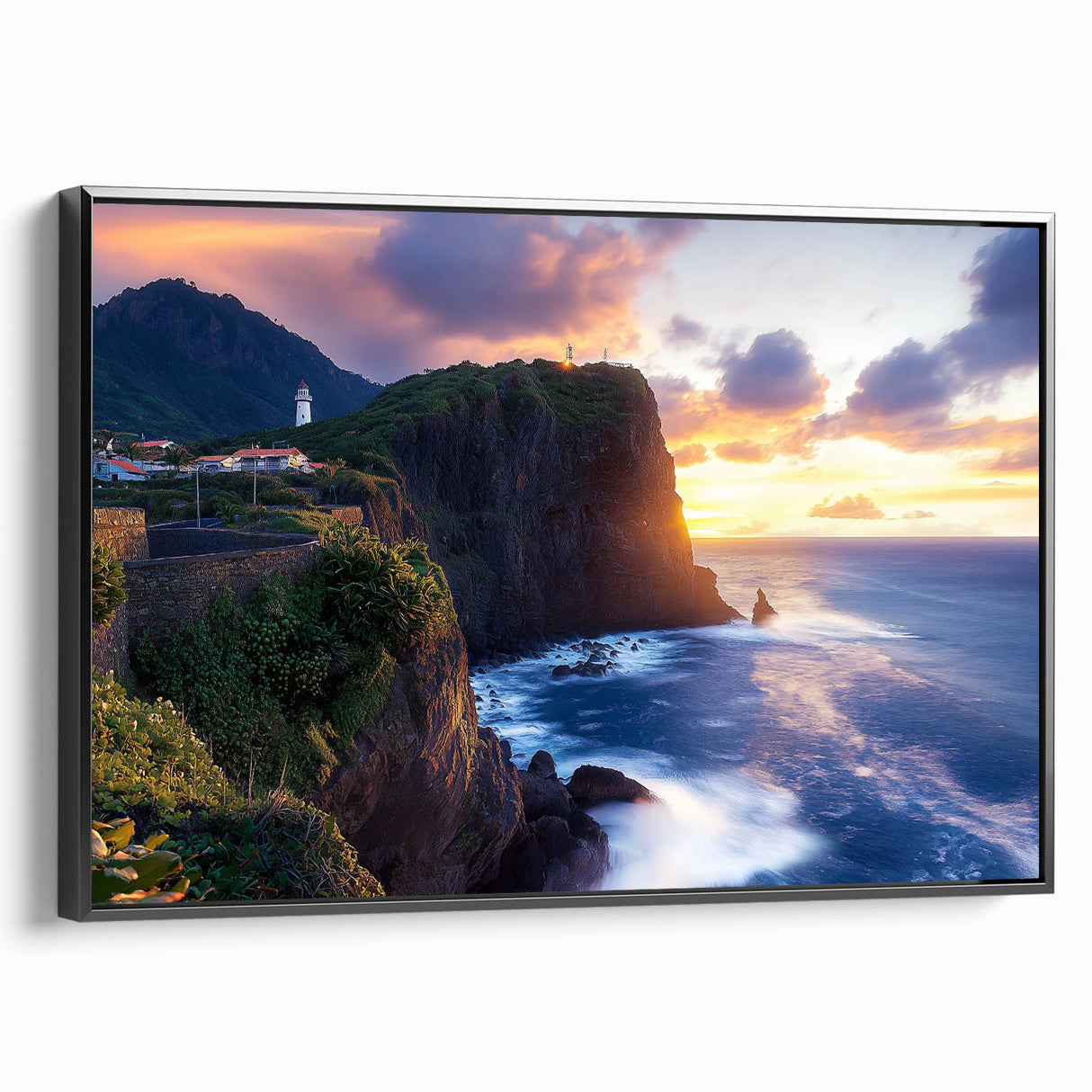 Framed canvas artwork showcasing a dramatic cliff landscape with rich colors and intricate details, elegantly displayed with a sleek black frame, perfect for enhancing home decor.