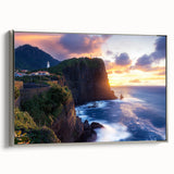 Framed canvas artwork showcasing a dramatic cliff landscape with a silver border, perfect for enhancing modern home decor and adding a touch of elegance.