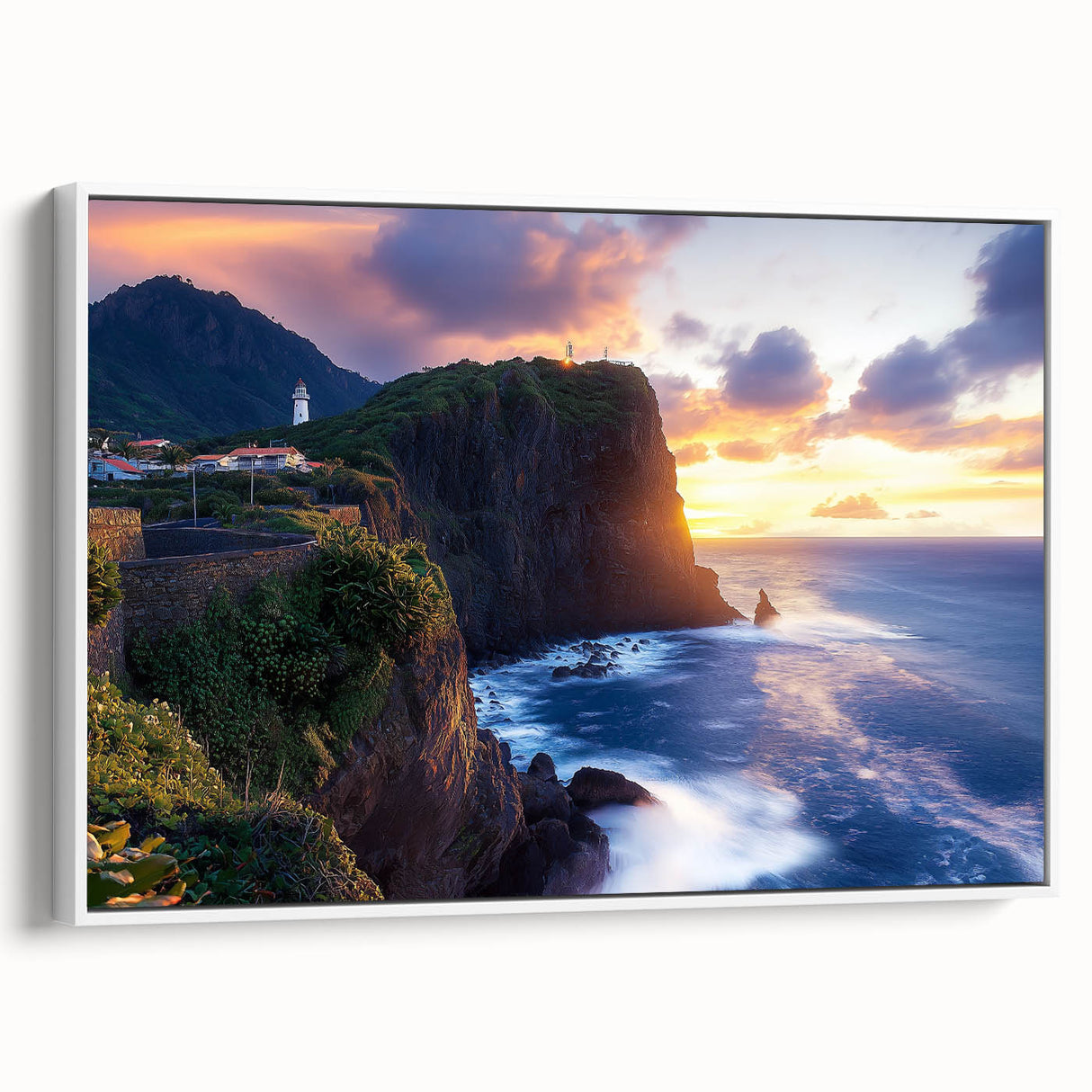 Framed canvas artwork depicting a serene landscape with majestic cliffs, rich colors, and intricate details, set against a clean white frame, perfect for home decor.