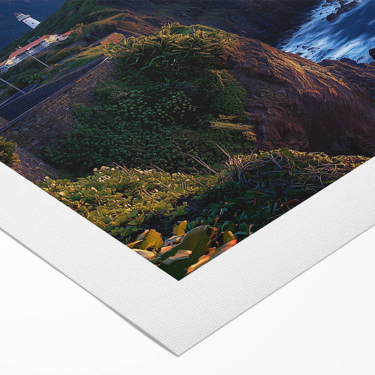 Vibrant rolled canvas artwork showcasing a stunning cliffside landscape with rich colors and intricate details, perfect for home decor or gallery display.