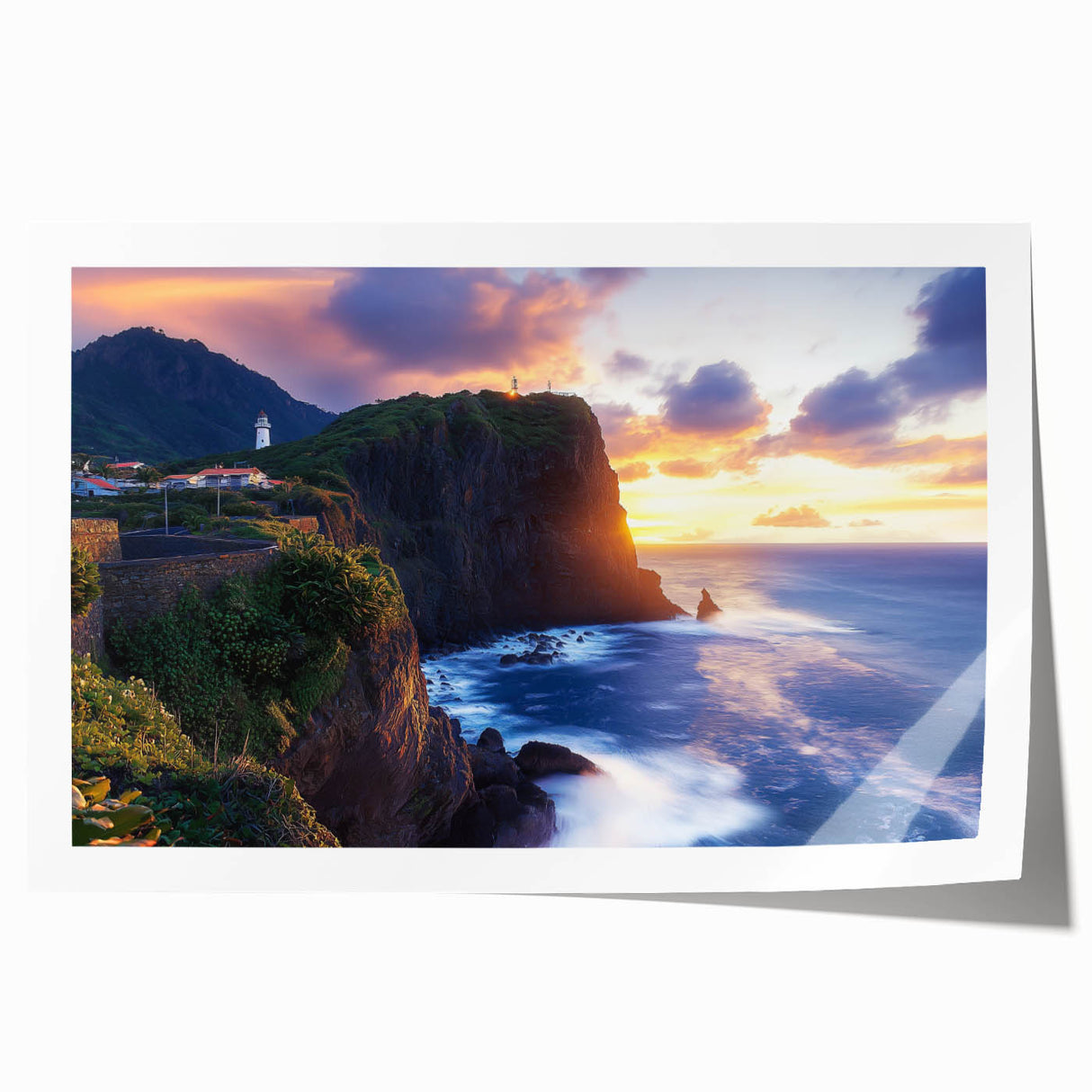 Stunning rolled print showcasing a dramatic coastal cliff landscape with vivid colors, perfect for home decor. Packaged securely in a protective cardboard tube for safe delivery.